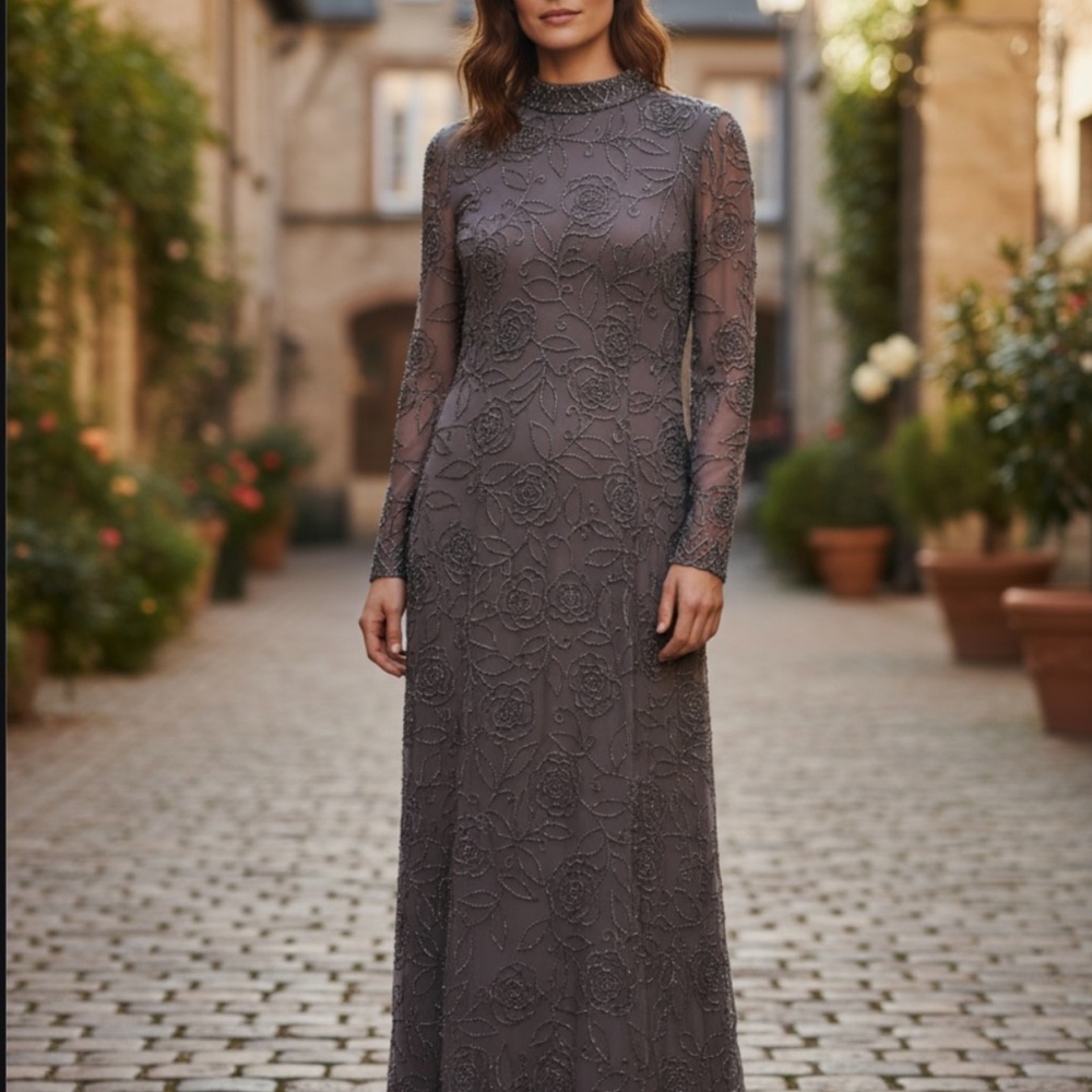 Oleg Cassini Charcoal Lace Long Sleeve Dress